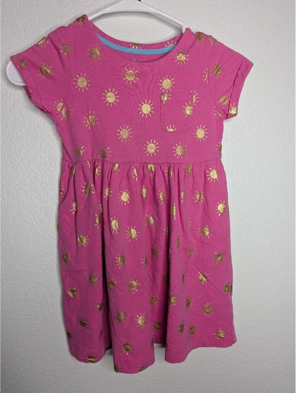 Mini Boden Girls Pink Gold Sun Print Short Sleeve Dress Size 5-6Y